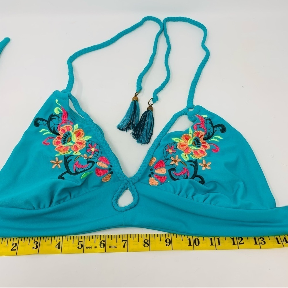 Bohemian Teal Turquoise Floral Embroidered Two Piece Bikini Swim Suit Size Small - Picture 4 of 16